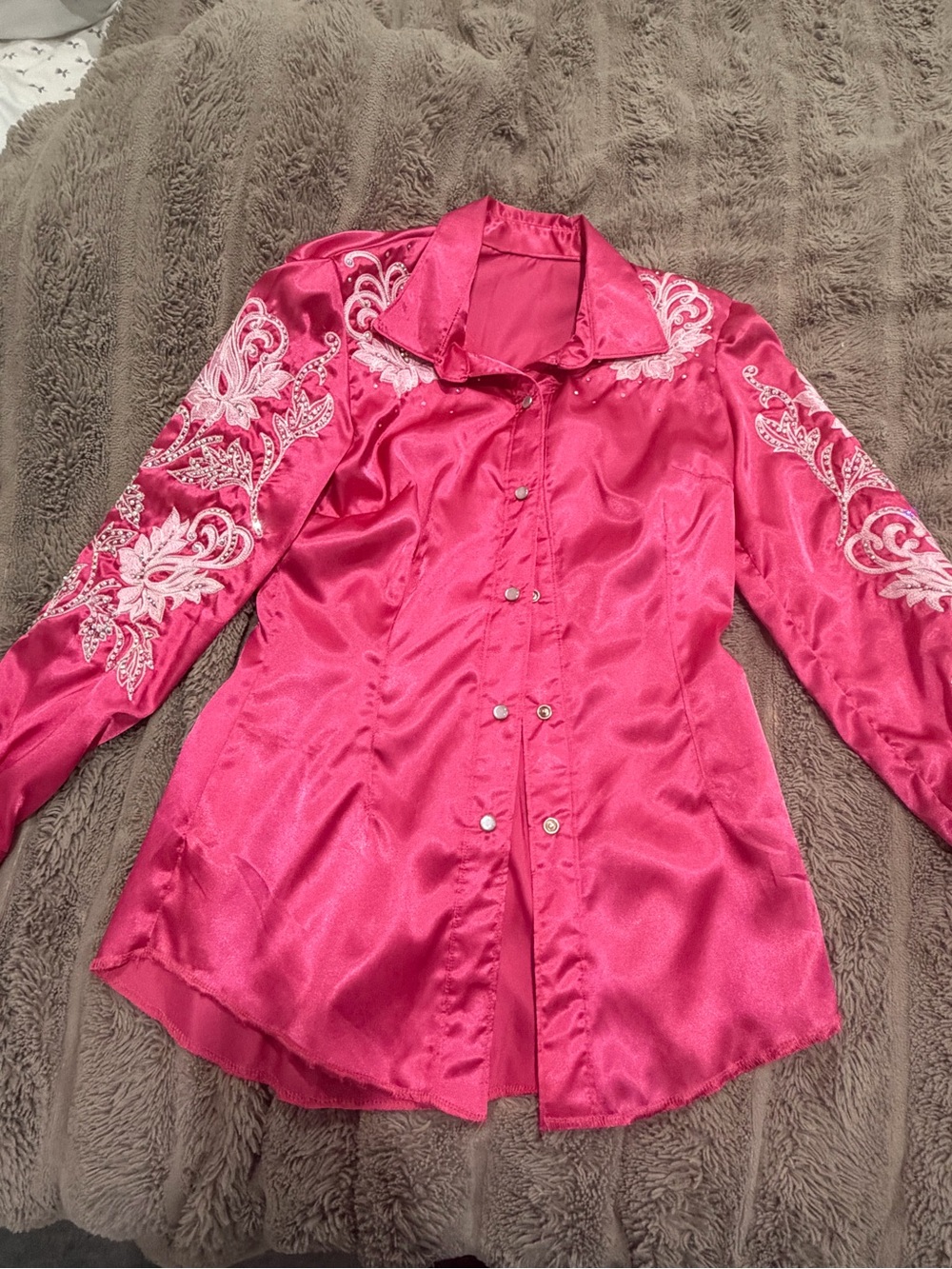 Fuchsia Satin Embroidered Button-Front Blouse